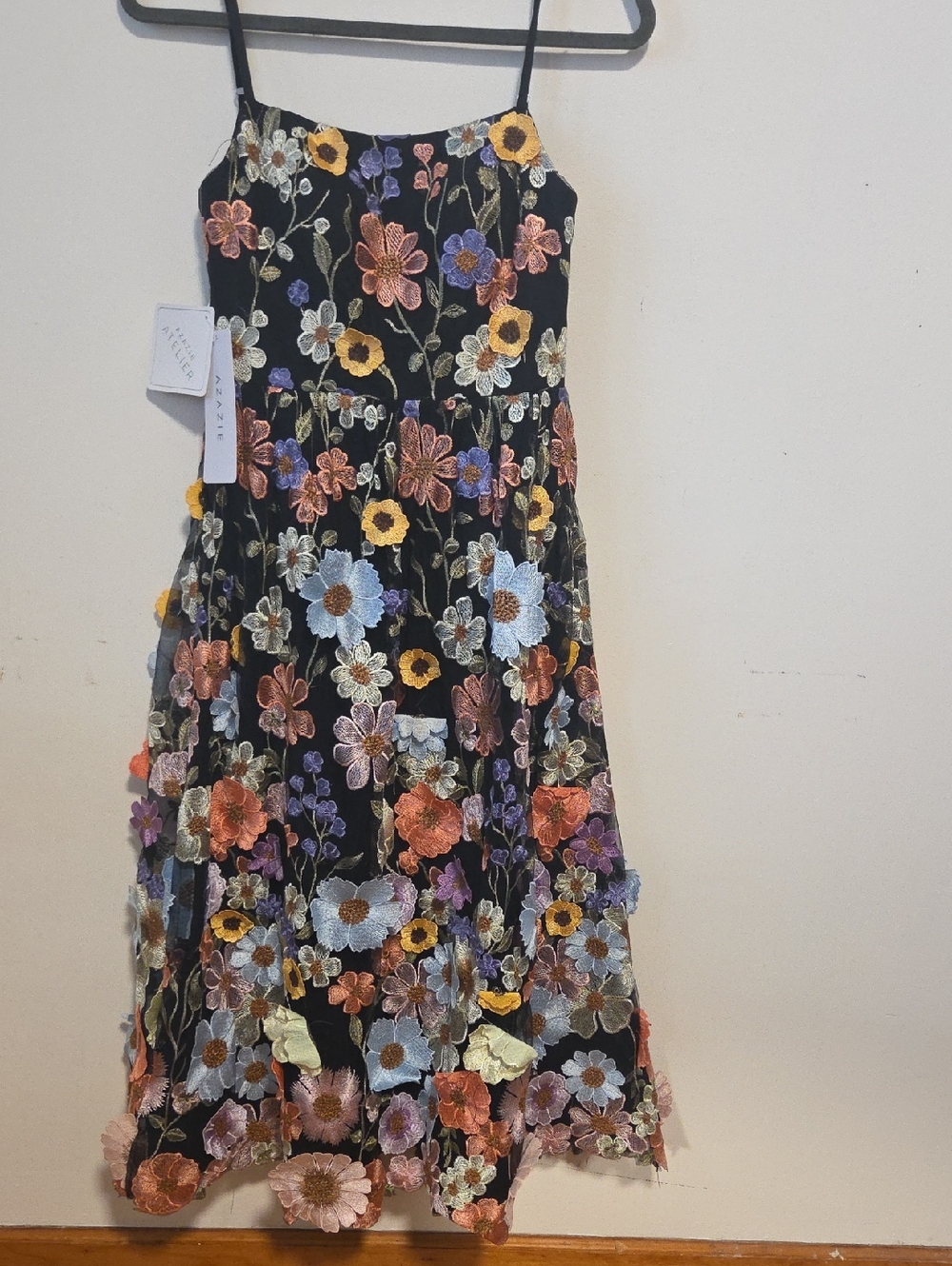 Azazie Black Floral Embroidered Midi Dress with Multi-Color Blooms